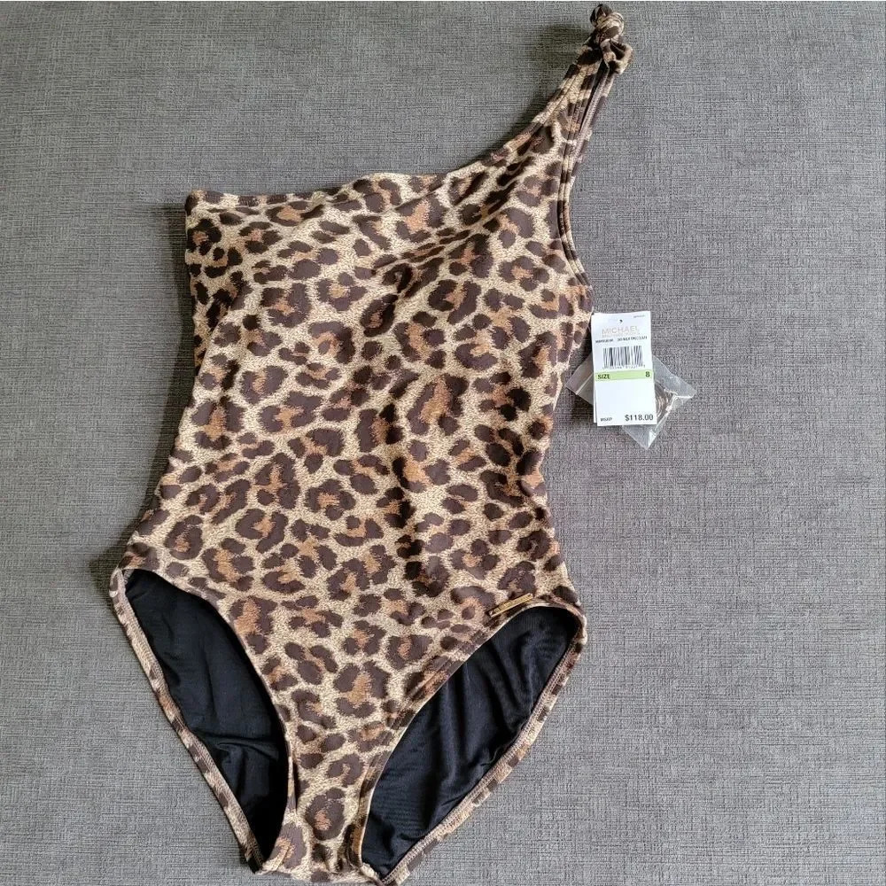 Michael Kors Women's Tan & Brown Leopard Print One Shoulder Swimsuit Size 8 - Picture 13 of 16